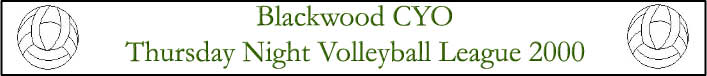 Blackwood CYO

Thursday Night Volleyball League 2000